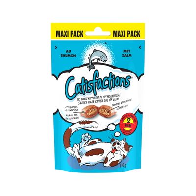 Catisfactions Maxi Pack au saumon, 110 g. Croquantes à l’extérieur, tendres à l’intérieur. 2 kcal par friandise. Texte en néerlandais également visible sur l’emballage.