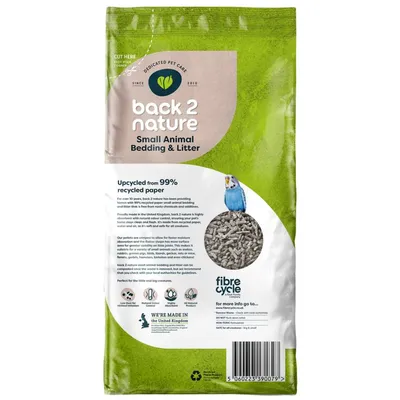 Back 2 Nature small animal bedding and litter, upcycled from 99% recycled paper, suitable for small animals. Made in the United Kingdom. FibreCycle branding visible.