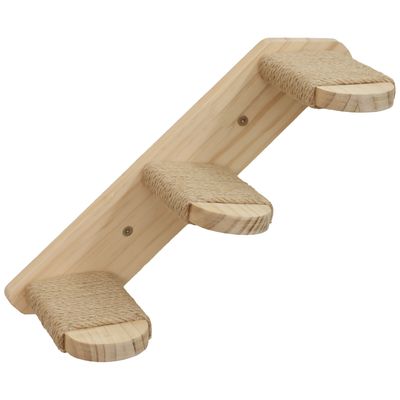 Escalier mural pour chat en bois avec trois marches recouvertes de corde, fixation murale visible, matériau principal : bois et corde.