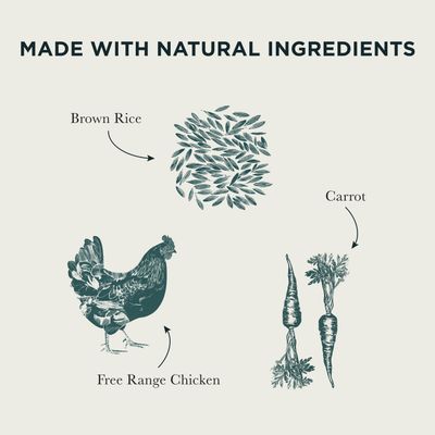 Made with natural ingredients: brown rice, carrot, and free-range chicken are shown and labelled.