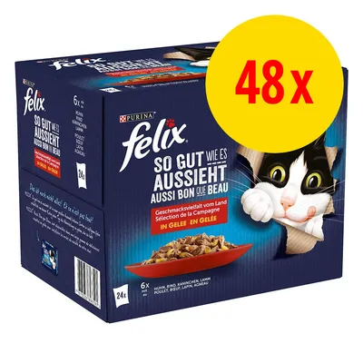 Opakowanie Felix So Gut Wie Es Aussieht, 48x. Widoczny napis: in Gelee en gelée, smaki: kurczak, wołowina, królik, jagnięcina. Grafika kota i miski z karmą.