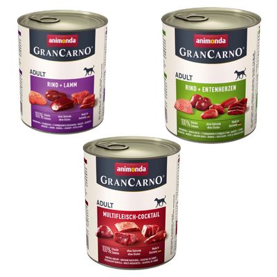 Kombi-Paket animonda GranCarno Original Adult 36 x 800 g  - 12 x Multifleisch-Cocktail + 12 x Rind & Entenherzen + 12 xRind & Lamm