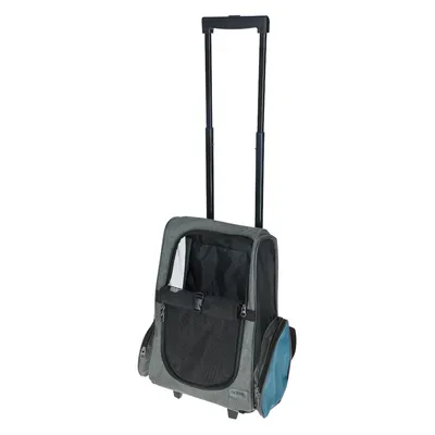 Transporttas met telescopische handgreep, netraam aan de voorkant en zijvak in blauw.