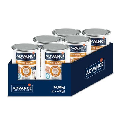 Lot de 6 boîtes Advance Veterinary Diets Weight Balance, 400 g chacune. Texte visible : Helps reduce weight. Poids total indiqué : 2,4 kg (6 x 400 g).