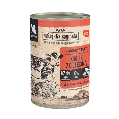 Boîte Wiejska Zagroda Kocięta, texte visible : Zdrowy Start Królik z Cielęciną, 97,4 % mięsa, 0 % zbóż, Algi Morskie Spirulina, hipoallergiczna. Illustrations de veau et lapin.
