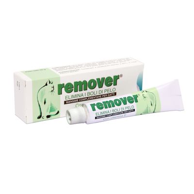 Remover, alimento complementare per gatti per la rimozione dei boli di pelo. Confezione e tubo con design verde e motivo di gatto.