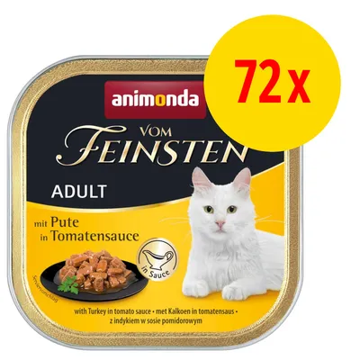 animonda vom Feinsten Adult mit Pute in Tomatensauce, 72x. Abbildung einer weißen Katze und Futterstücken in Sauce auf schwarzem Teller.