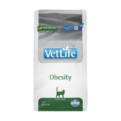 Sac de croquettes VetLife Obesity pour chats, feline formula, 2 kg, marque Farmina. Texte visible : FOOD FOR CATS, FarminaGenius, Net WT 4.4 lb.