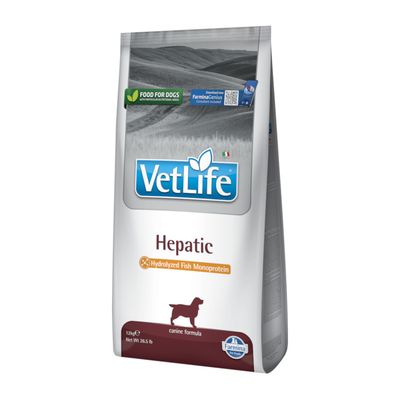 VetLife Hepatic hundfoder, hydrolyserat fiskmonoprotein, 12 kg. Farmina Genius App QR-kod synlig.