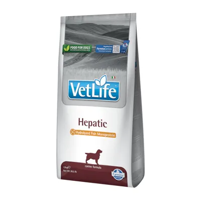 VetLife Hepatic kutyatáp, hidrolizált hal monoprotein, 12 kg. Farmina Genius App QR-kód látható.