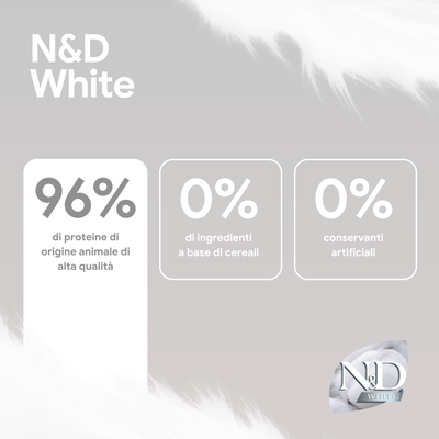 N&D White. 96% proteine animali, 0% ingredienti di cereali, 0% conservanti artificiali.