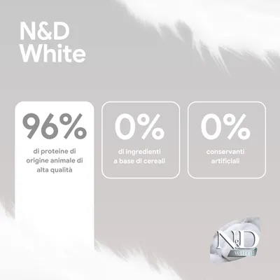 N&D White. 96% proteine animali, 0% ingredienti di cereali, 0% conservanti artificiali.