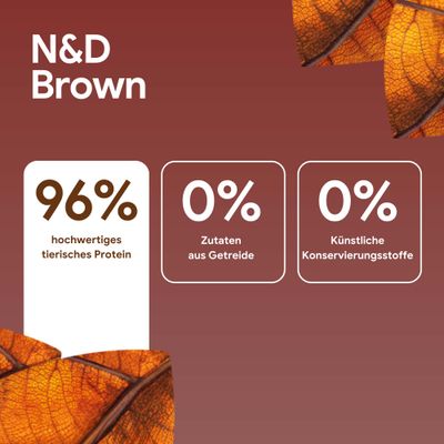 N&D Brown: 96% hochwertiges tierisches Protein, 0% Zutaten aus Getreide, 0% künstliche Konservierungsstoffe