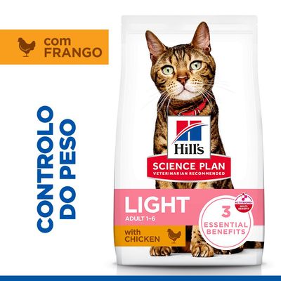 Hill's Science Plan Light Adult 1-6 com frango. 17% menos calorias do que Hill's Science Plan Adult. Sem conservantes, corantes ou aromas artificiais.