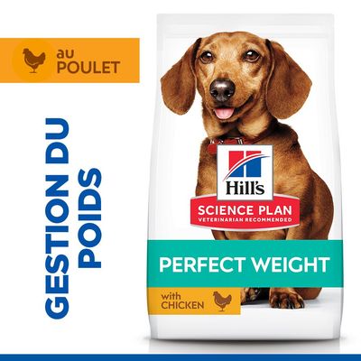 Hill's Science Plan Perfect Weight au poulet. Contrôle du poids. L'emballage porte les mentions « with chicken » et « gestion du poids ».