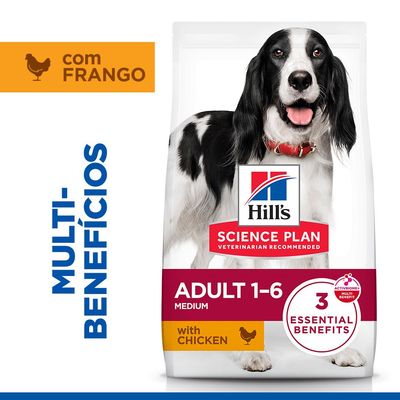 Hill's Science Plan Adult 1-6 Medium 11-25 kg com frango. Apoia imunidade, digestão saudável e desenvolvimento muscular em cães adultos. Sem conservantes, corantes ou aromas artificiais.