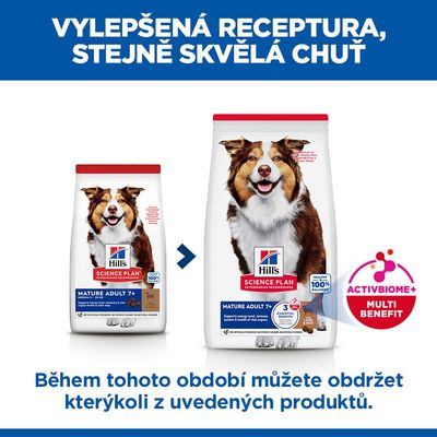 Hill's Science Plan Mature Adult 7+ Medium 11-25kg s jahňacím a ryžou. Podporuje energiu, imunitu a zdravie orgánov starších psov. Bez umelých konzervantov, farbív a aróm.