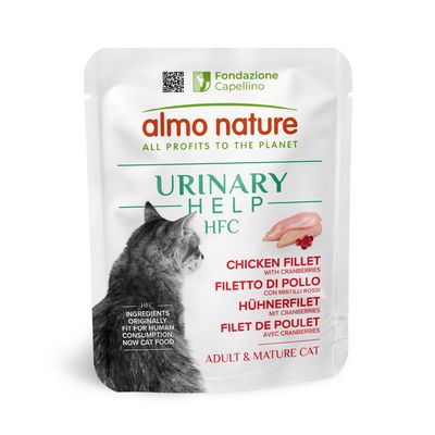 Almo Nature Urinary Help HFC, chicken fillet with cranberries, 24x50g, suitable for adult and senior cats. Ingredients originally fit for human consumption.