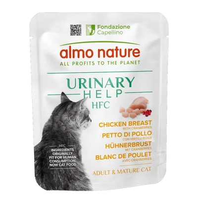 Almo Nature Urinary Help HFC, kipfilet met cranberries, ingrediënten oorspronkelijk geschikt voor menselijke consumptie, nu kattenvoer. Voor volwassen en oudere katten.