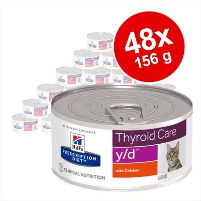 Hill's Prescription Diet Thyroid Care y/d with Chicken kissanruoka, 48 x 156 g säilykepurkkia. Etiketissä kissan kuva ja tuotetiedot. Hill's Prescription Diet Thyroid Care y/d with Chicken kissanruoka, 48 x 156 g säilykepurkkia. Etiketissä kissan kuva ja tuotetiedot.