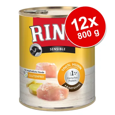Rinti Sensible dåsefoder til hunde, 12x800 g. Tekst: Für empfindliche Hunde, glutenfrei, 100% Huhn im Fleischanteil, nur 1 tierisches Protein, +Kartoffel.