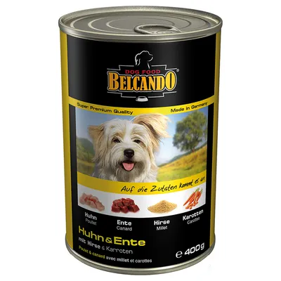 Konzerva Belcando Dog Food Huhn & Ente mit Hirse & Karroten, 400 g. Viditelné suroviny: kuře, kachna, proso, mrkev. Text: Super Premium Quality, Made in Germany.