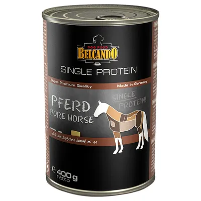 Belcando Dog Food Single Protein, Pferd Pure Horse, konzerva 400 g. Tekst na njemačkom i engleskom jeziku, ilustracija konja na prednjoj strani ambalaže.