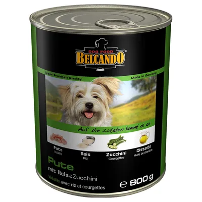 Konzerva Belcando Dog Food Pute mit Reis & Zucchini, 800 g. Viditelné suroviny: krůtí maso, rýže, cuketa, ostropestřcový olej. Text v němčině a francouzštině.