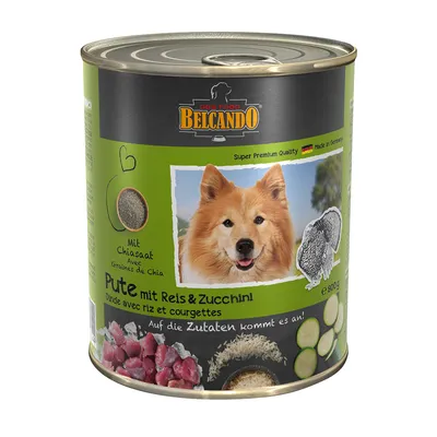 Boîte Belcando Dog Food Dinde avec riz et courgettes, 800 g, avec graines de chia. Texte visible en allemand et français, photo d’un chien, images de viande, riz, courgettes.