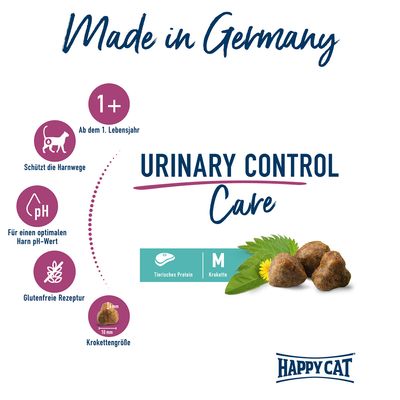 Happy Cat Urinary Control Care. Произведено в Германия. От 1 година, защитава пикочните пътища, оптимизира pH на урината, без глутен, крокети M с животински протеин.