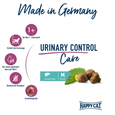 Happy Cat Urinary Control Care. Made in Germany. Ab dem 1. Lebensjahr, schützt die Harnwege, optimiert Harn pH-Wert, glutenfreie Rezeptur, Kroketten M mit tierischem Protein.