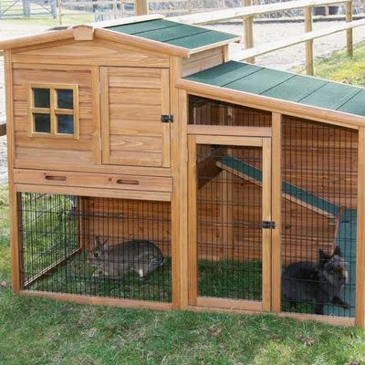 Holz-Kleintierstall mit grünem Dach, zwei Ebenen, Gitterwänden und Rampe. Zwei Kaninchen im unteren Bereich auf Gras sichtbar. Holz-Kleintierstall mit grünem Dach, zwei Ebenen, Gitterwänden und Rampe. Zwei Kaninchen im unteren Bereich auf Gras sichtbar.