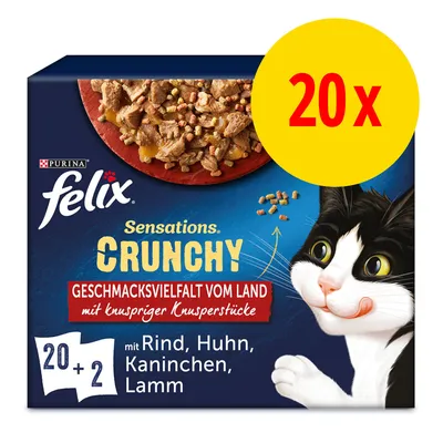 Purina Felix Sensations Crunchy, 20x con manzo, pollo, coniglio, agnello. Testo in tedesco: Geschmacksvielfalt vom Land mit knuspriger Knusperstücke. Immagine di cibo per gatti.