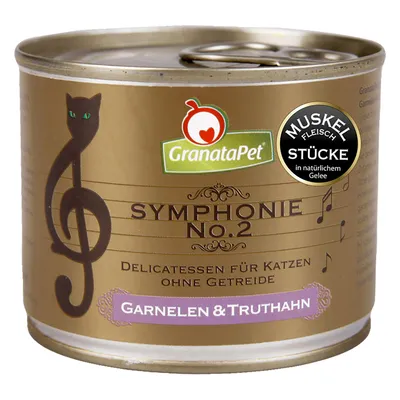 Lata de comida para gatos GranataPet Symphonie No.2, texto en alemán: 'Delicatessen für Katzen ohne Getreide', variedad 'Garnelen & Truthahn', sello MUSKELFLEISCH STÜCKE.