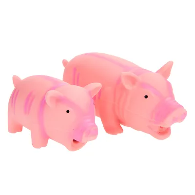 Zwei rosa Schwein-Spielzeuge mit lila Streifen und schwarzen Augen, geeignet als Hundespielzeug.