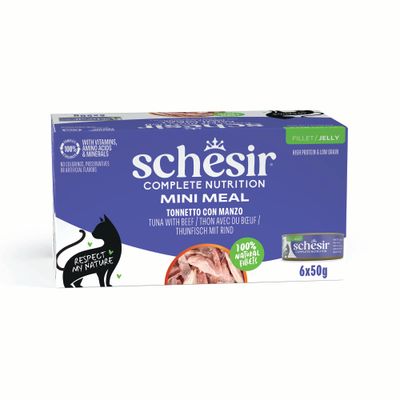 Schesir Mini Meal dla dorosłych kotów, tuńczyk w galarecie, 6x50g, 100% naturalne filety, z dodatkiem witamin.