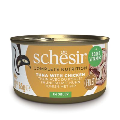Schesir Complete Nutrition tonnikala ja naudanliha, 6x85g, 100 % luonnollisia fileitä hyytelössä, lisätyillä vitamiineilla. Aikuisille kissoille.