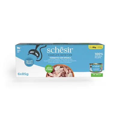 Schesir Complete Nutrition thon avec bar pour chat adulte, 6 x 85 g, filets naturels à 100 %, vitamines ajoutées, en gelée. Texte visible en anglais et autres langues.