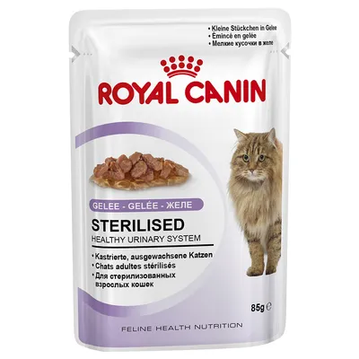 Sterilised, healthy urinary system, small pieces in jelly, for sterilised adult cats, 85g. Text shown in multiple languages with image of food and a cat.