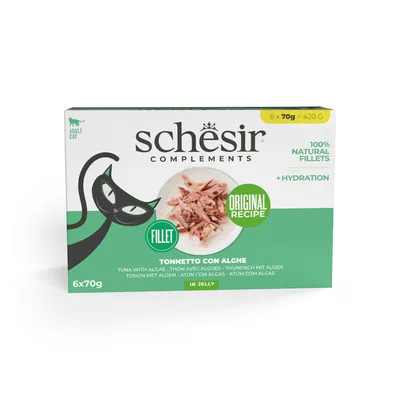 Schesir Complements tonfisk med alger, originalrecept, 100 % naturliga filéer, +hydrering, 6x70g i gelé. För vuxna katter.