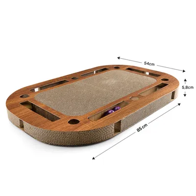 Katten speelbord van hout en karton met geïntegreerde speelballen. Afmetingen: lengte 85 cm, breedte 54 cm, hoogte 5,8 cm.