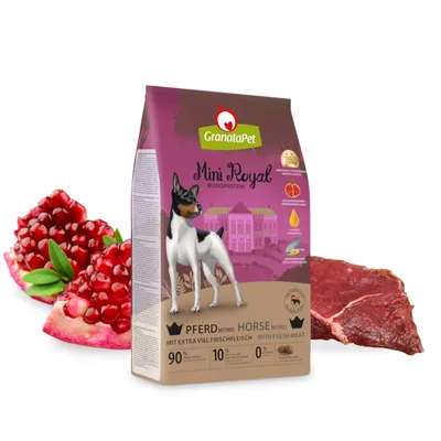 GranataPet Mini Royal Monoprotein koń z dużą ilością świeżego mięsa, 90% mięsa, bez zbóż. Opakowanie przedstawia granat i kawałek mięsa jako składniki.