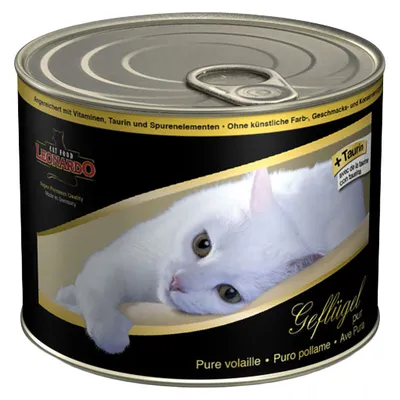 Консерва для кошек Leonardo, надпись на упаковке: Geflügel pur, Pure volaille, с изображением белой кошки и указанием содержания таурина.