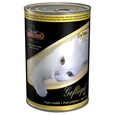 Blik LEONARDO Cat Food, Super Premium Quality, Made in Germany, Geflügel pur, Pure volaille, met afbeelding van witte kat en tekst '+Taurin'. Zonder kunstmatige kleur-, smaak- en conserveermiddelen.