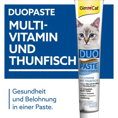 GimCat DuoPaste Multi-Vitamin und Thunfisch. 12 Vitamine mit Thunfisch, steigert Abwehrkräfte und Wohlbefinden. Gesundheit und Belohnung in einer Paste. Ohne Zuckerzusatz.