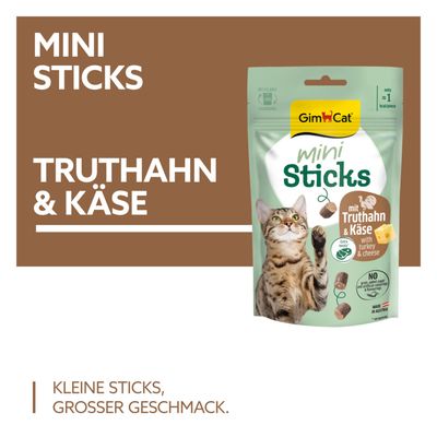 GimCat Mini Sticks s puretinom i sirom. Mali štapići, veliki okus. Reciklirajuća ambalaža, samo 1 kcal po komadu, proizvedeno u Austriji.