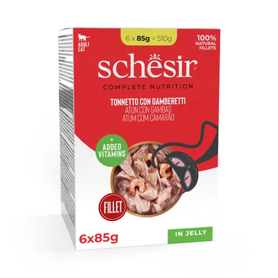 Schesir Complete Nutrition, tonnetto con gamberetti, 6 x 85 g, filets naturels pour chat adulte, added vitamins, in jelly. Texte en anglais, espagnol et portugais visible.
