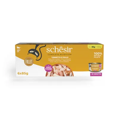 Schesir Complete Nutrition, thon et poulet, filets naturels 100 %, vitamines ajoutées, pour chat adulte, 6 x 85 g, en bouillon. Texte en anglais et autres langues visible.