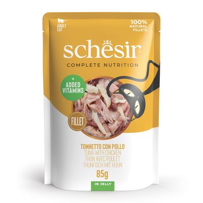 Schesir Complete Nutrition aikuisille kissoille, tonnikalafileet hyytelössä, 6x85g, lisävitamiineilla, 100 % luonnolliset fileet.