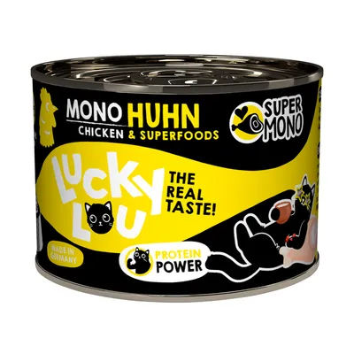 Lucky Lou Mono Huhn Chicken & Superfoods, Made in Germany, The Real Taste!, Protein Power. Lata negra con detalles amarillos y blancos.